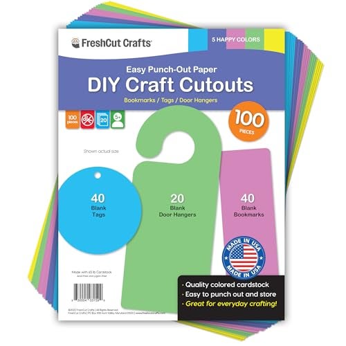 FreshCut Crafts DIY Craft Cutouts 100 PCS Blank Bookmarks, Door Hangers, Gift Tags, Happy Colors, US Made Card Stock Punch Out Paper Craft Cutouts - Image 1