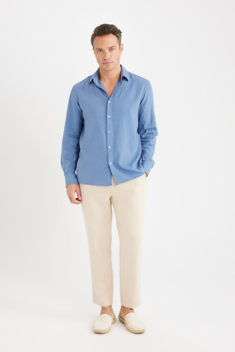 DeFacto Blue Man Regular Fit Polo Collar Long Sleeve Linen Shirt Casual - Image 2