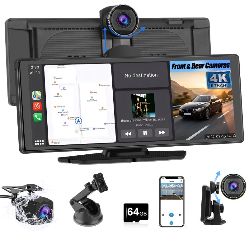 Pyniro Portable Wireless CarPlay Screen for Car with 4K Dash Cam1080P Backup Camera 1026IPS Touchscreen Car Stereo Supports CarPlayAndroid AutoVoice ControlGPS NavigationBluetoothMirror Link - Image 2