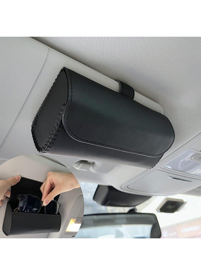Sunglasses Holder for Car Visor, Leather Auto Eyeglasses Sun Visor Organizer Case, Handmade Universal Vehicle Visor Accessories Glasses Protective Storage Box for Man Women (Black) - Image 1