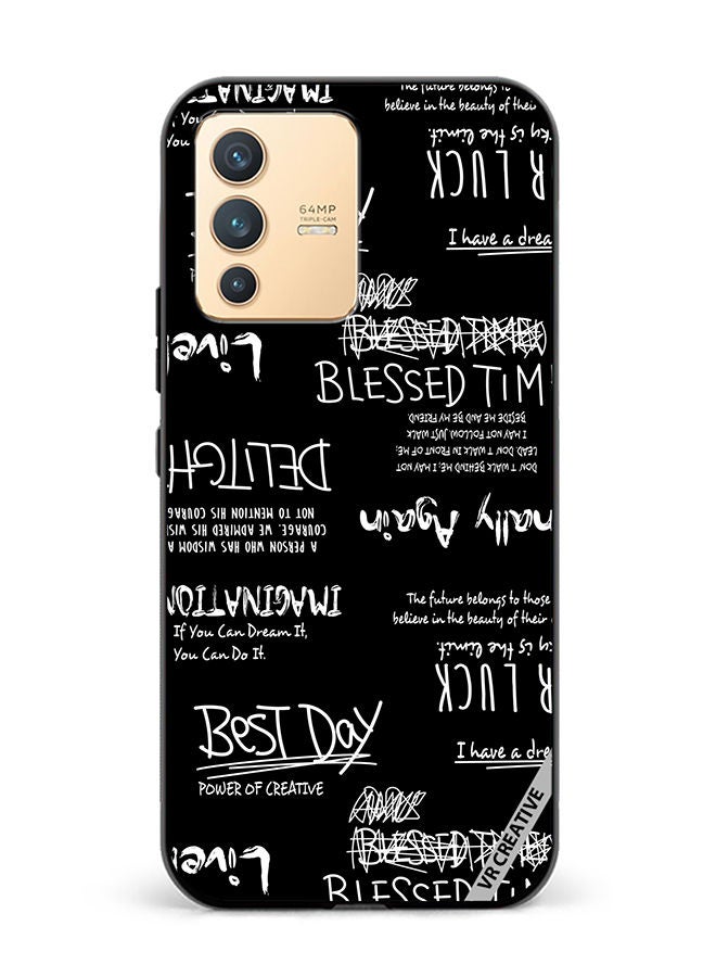 VR CREATIVE غطاء حماية لهاتف فيفو V23 5G بتصميم أسود مع رسومات وحروف متعددة الألوان - Image 1