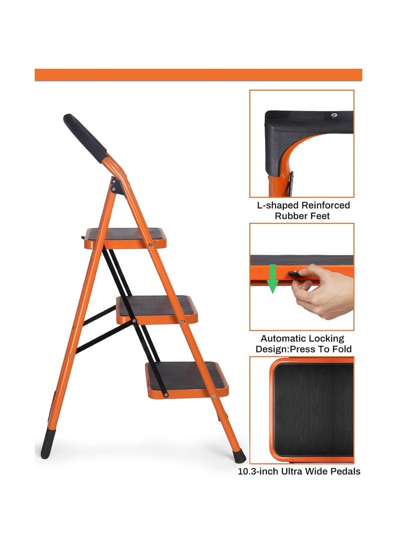 Generic 3-Step Steel Folding Ladder – Sturdy Portable Step Stool with Wide Anti-Slip Pedals and Large Handgrip, 330lbs Capacity  - Image 3