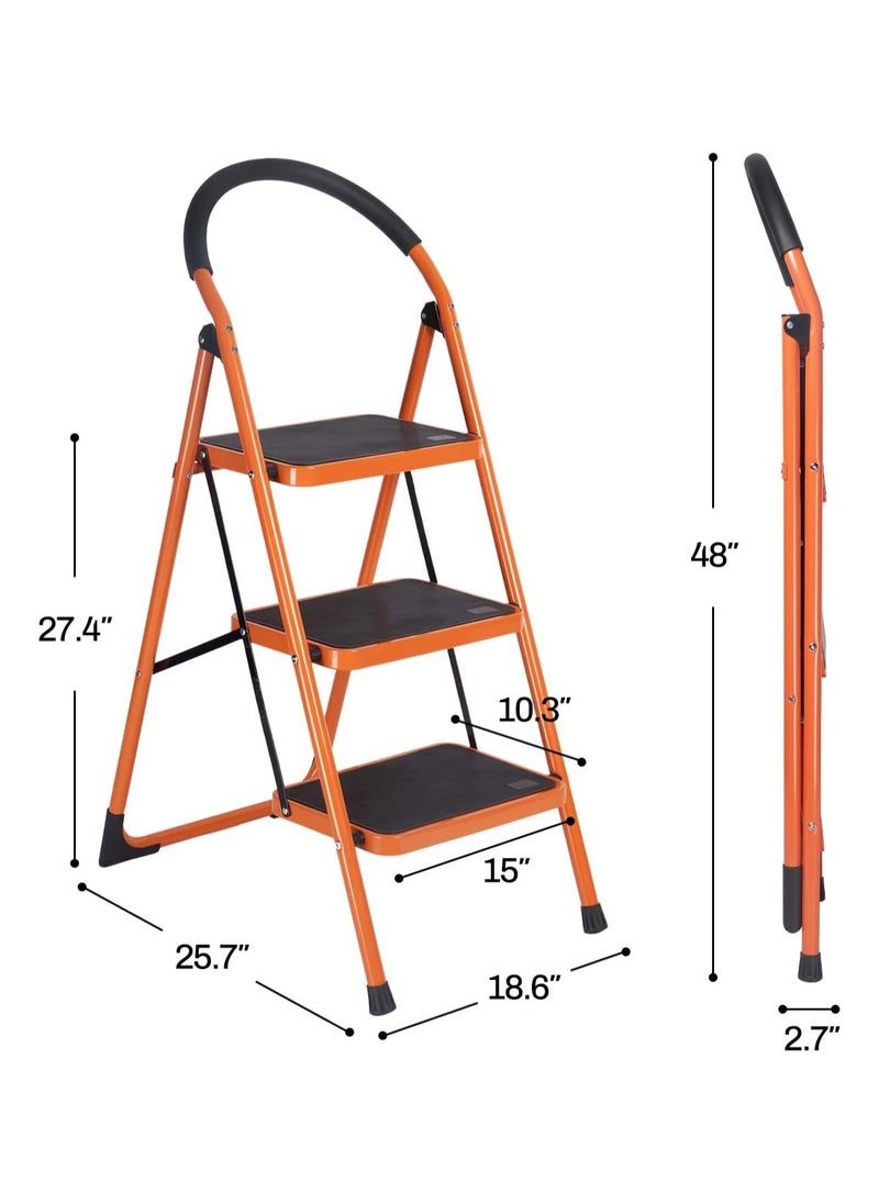 Generic 3-Step Steel Folding Ladder – Sturdy Portable Step Stool with Wide Anti-Slip Pedals and Large Handgrip, 330lbs Capacity  - Image 2