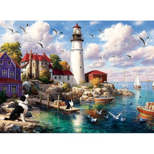 EIYRURU 500 Pieces Puzzle for Adults Lighthouse with Two Dogs Seagulls Jigsaw Puzzle Challenging Relaxing Perfect for Family Game Nights 205 x 15 in - Image 1