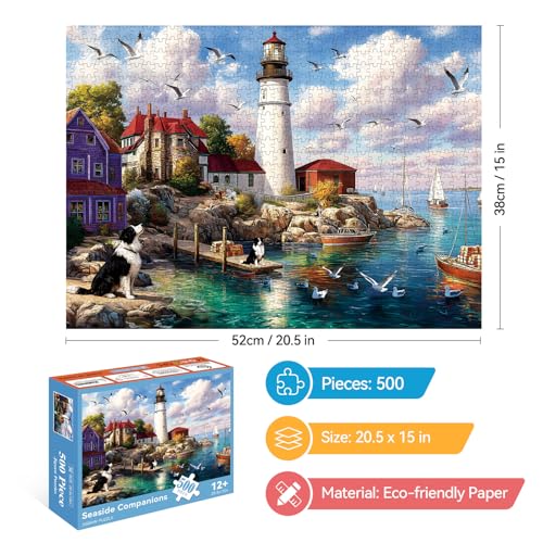 EIYRURU 500 Pieces Puzzle for Adults Lighthouse with Two Dogs Seagulls Jigsaw Puzzle Challenging Relaxing Perfect for Family Game Nights 205 x 15 in - Image 5
