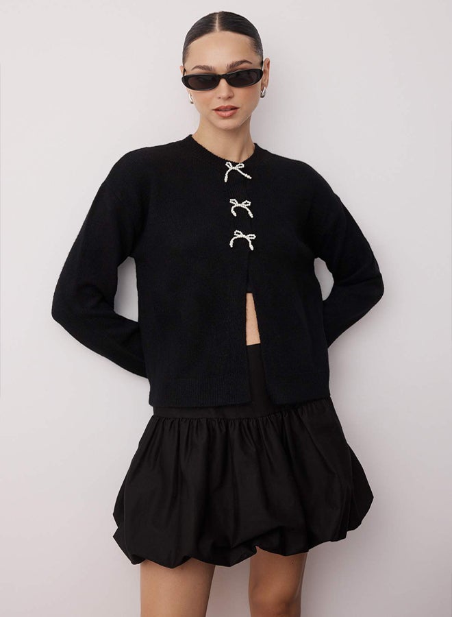 trendyol Black Ribbon Detail Wide Fit Soft Texture Knitwear Cardigan - Image 1