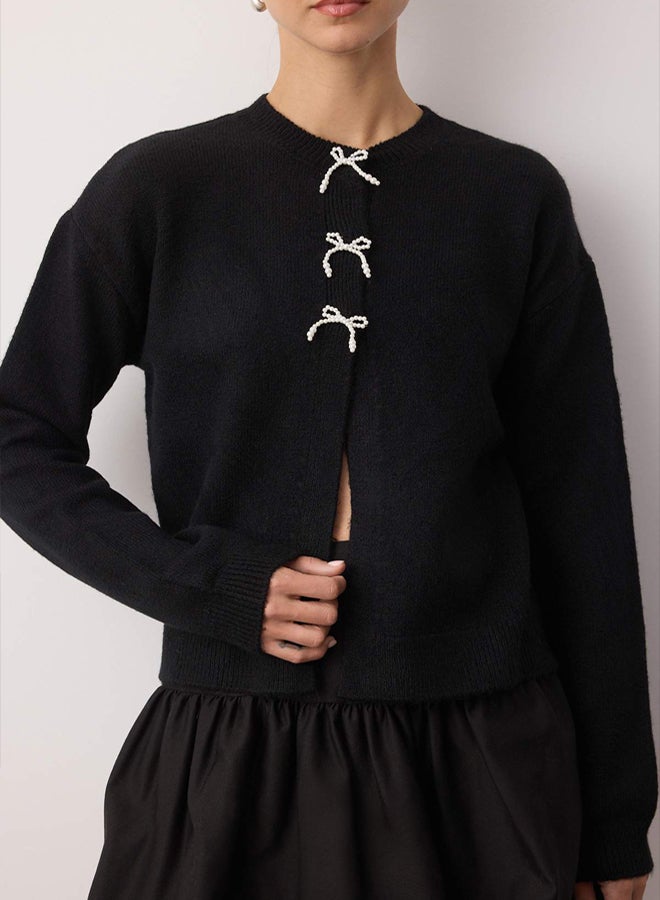 trendyol Black Ribbon Detail Wide Fit Soft Texture Knitwear Cardigan - Image 3