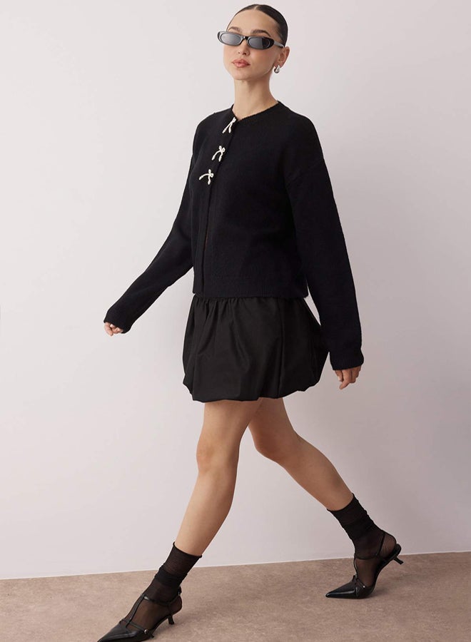 trendyol Black Ribbon Detail Wide Fit Soft Texture Knitwear Cardigan - Image 2