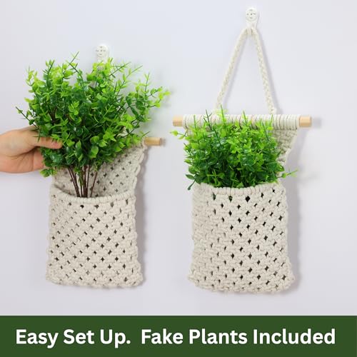 Shineloha 2 Packs Macrame Wall Planters with Artificial Eucalyptus | Macrame Plant Hanger, Wall Plant Holders for Boho, Bathroom, Bedroom & Wall Hanging Decor - Image 3
