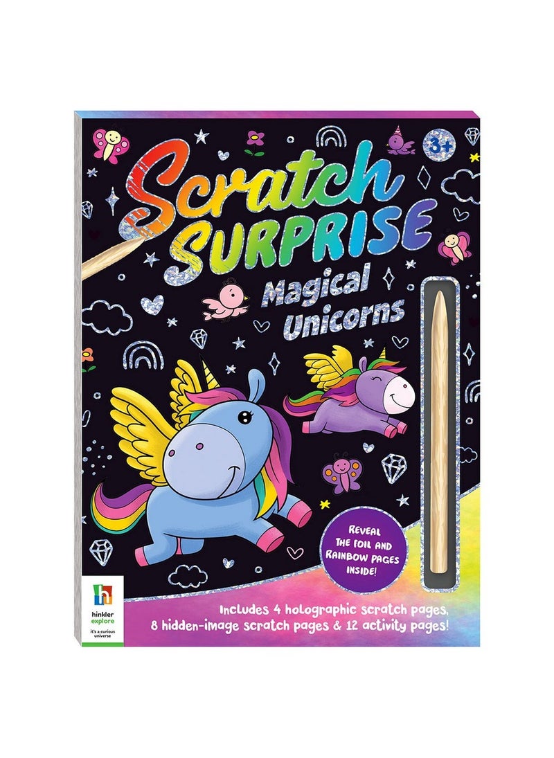 Hinkler مجموعة فن الخدش المفاجئ من هينكلر - يونيكورن سحرية للأطفال تتضمن 4 صفحات خدش هولوجرافية، 8 صفحات خدش بصورة مخفية و 12 صفحة نشاط بالإضافة إلى أداة خدش خشبية! - Image 1