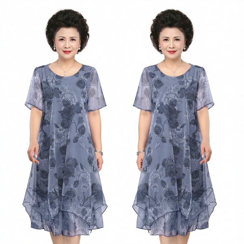 Plus Size Women Summer Dress Mother Style Floral Print Loose Fit Tummy Control Midi Dress - Image 1