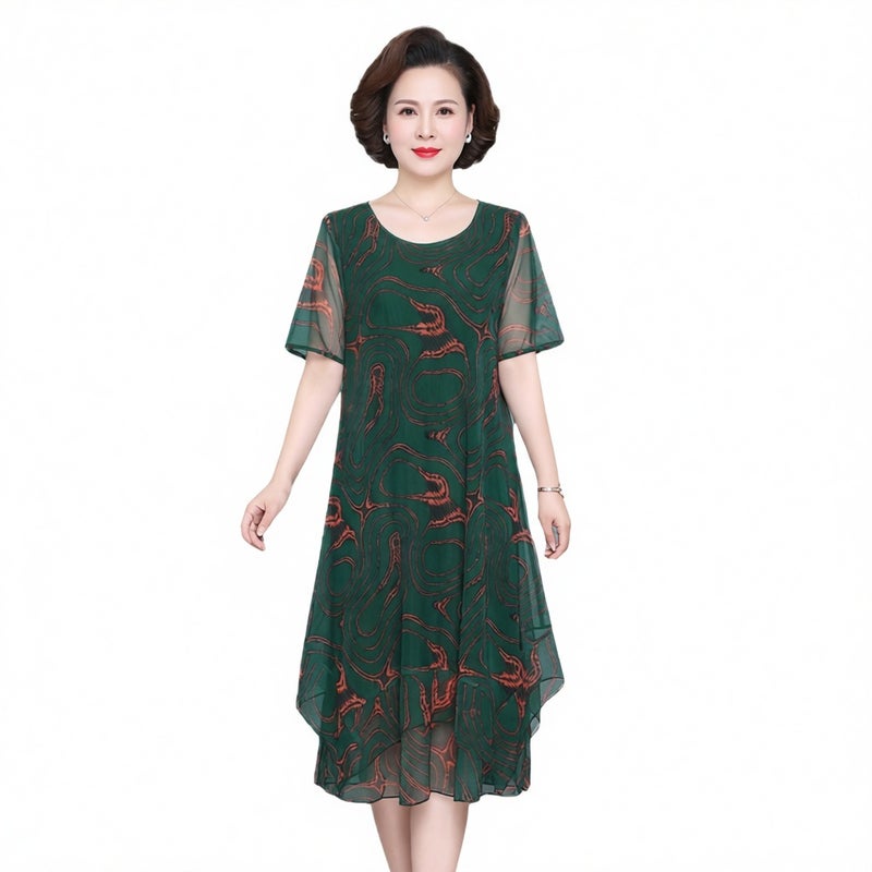 Plus Size Women Summer Dress Mother Style Floral Print Loose Fit Tummy Control Midi Dress - Image 2