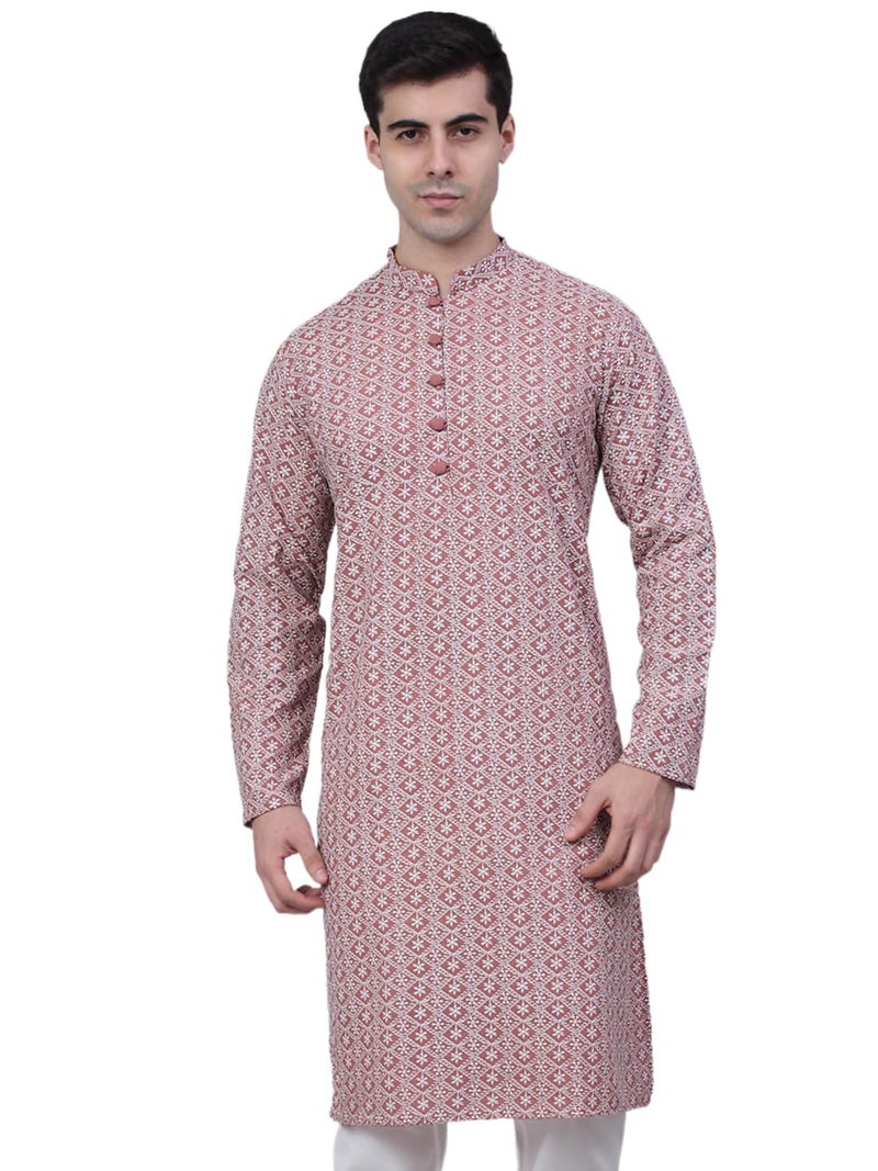 Jompers Men's Floral Embroidered Kurtas (Coral, XL) - Image 1