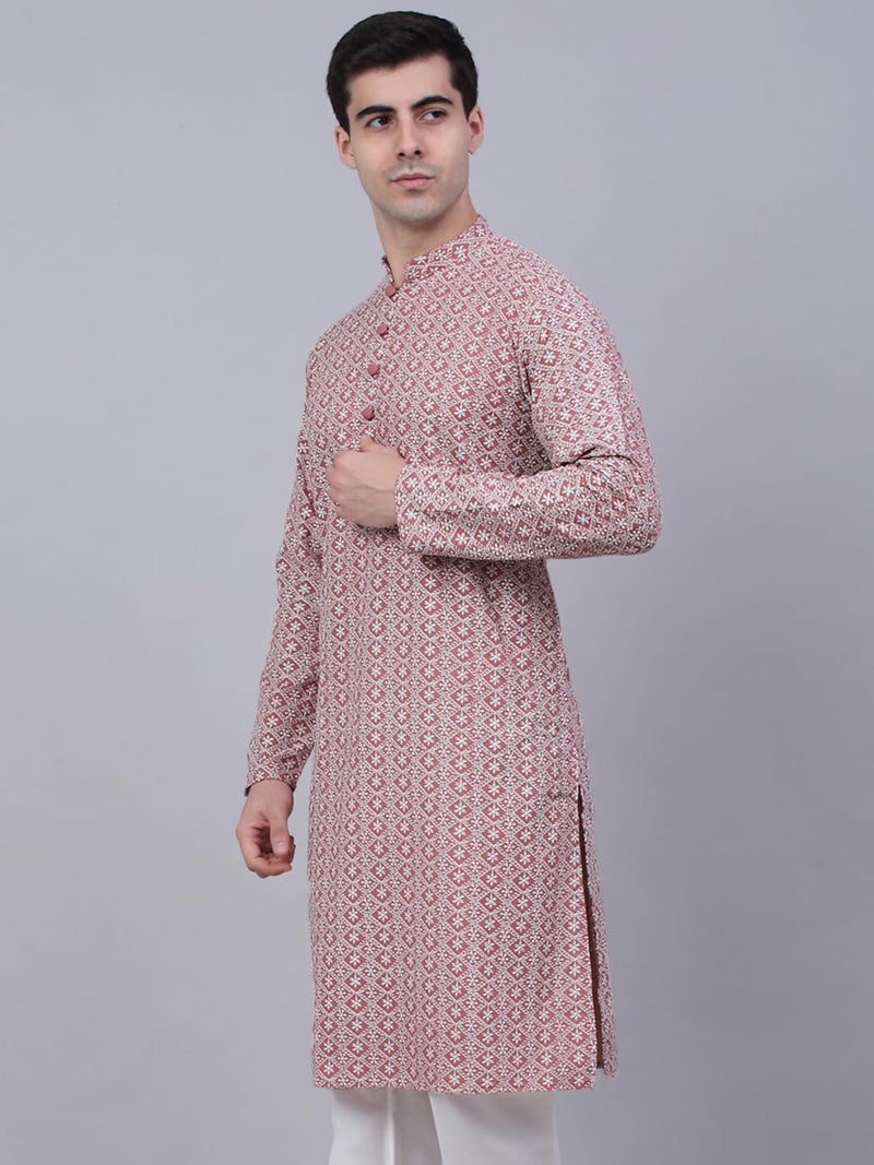 Jompers Men's Floral Embroidered Kurtas (Coral, XL) - Image 3
