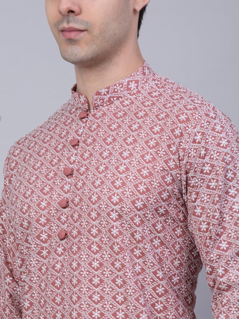 Jompers Men's Floral Embroidered Kurtas (Coral, XL) - Image 5
