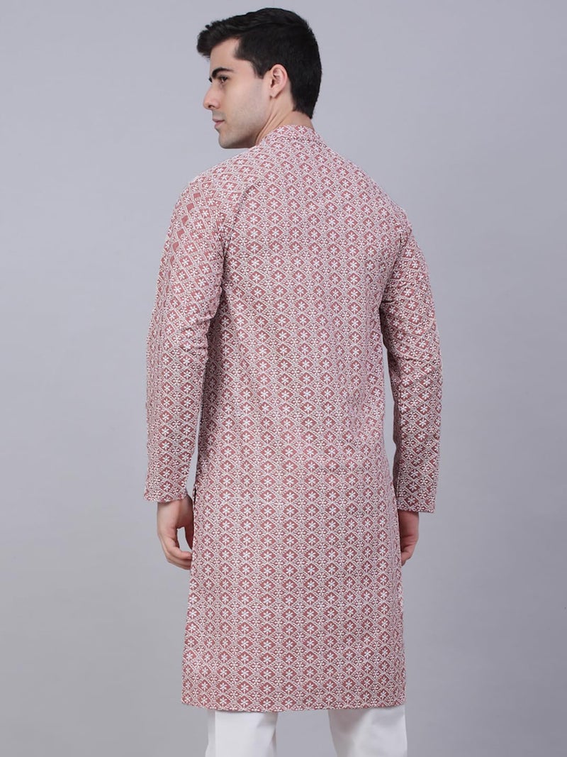 Jompers Men's Floral Embroidered Kurtas (Coral, XL) - Image 2