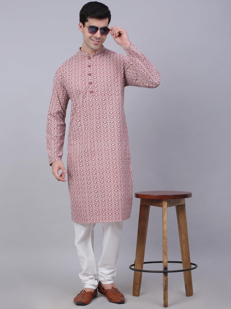 Jompers Men's Floral Embroidered Kurtas (Coral, XL) - Image 4