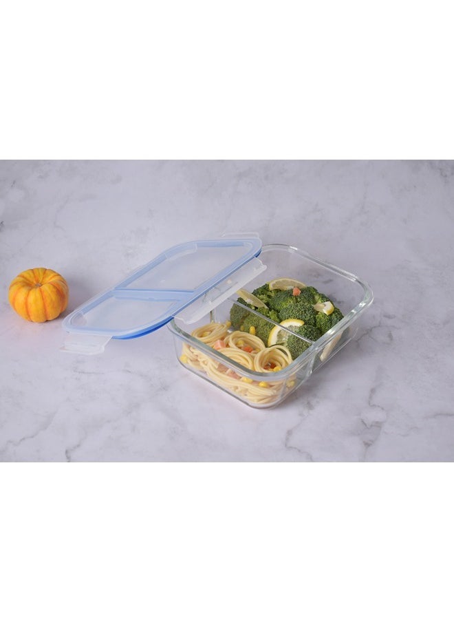 Feelings FEELINGS 1500 ML(50oz) Glass Storage Airtight Rectangle Meal Containers With 2 Section Jar Set Leak-Proof Locking Blue Lids, Glass Food Storage Containers, Glass Containers for Kitchen Storage  - Image 1