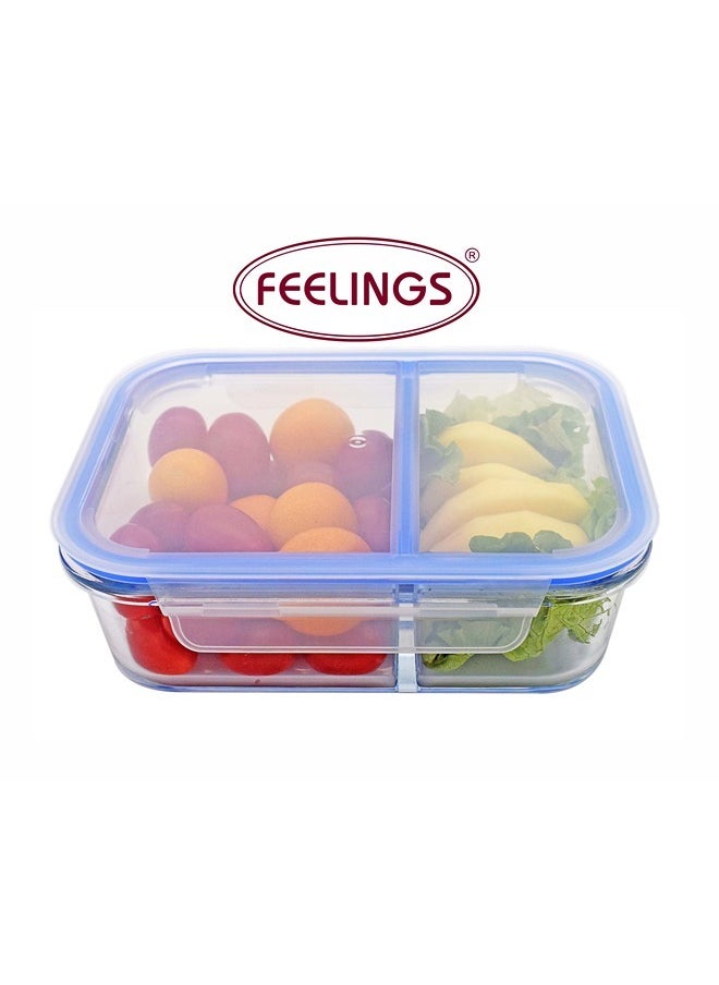 Feelings FEELINGS 1500 ML(50oz) Glass Storage Airtight Rectangle Meal Containers With 2 Section Jar Set Leak-Proof Locking Blue Lids, Glass Food Storage Containers, Glass Containers for Kitchen Storage  - Image 3