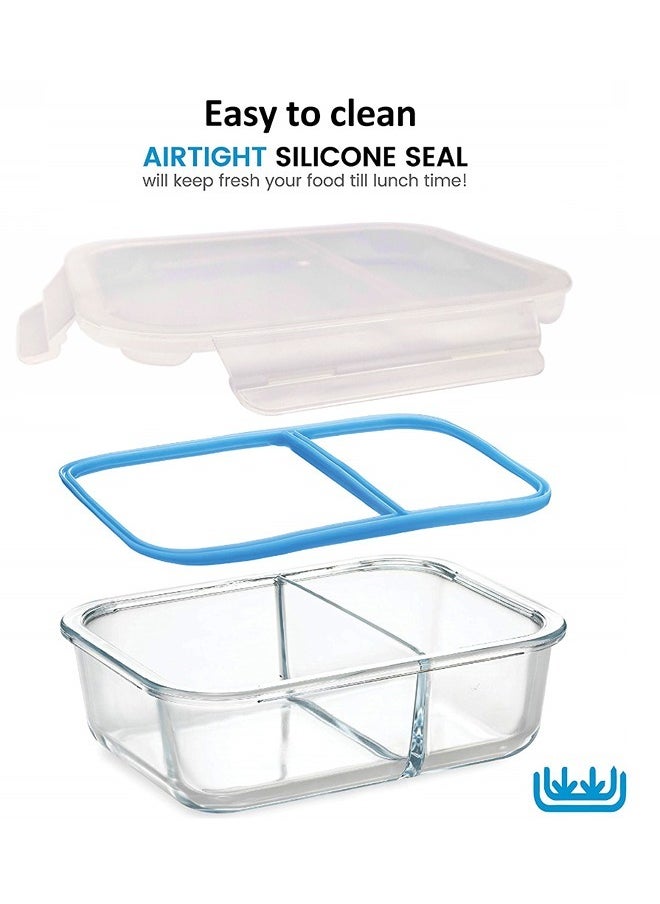 Feelings FEELINGS 1500 ML(50oz) Glass Storage Airtight Rectangle Meal Containers With 2 Section Jar Set Leak-Proof Locking Blue Lids, Glass Food Storage Containers, Glass Containers for Kitchen Storage  - Image 5