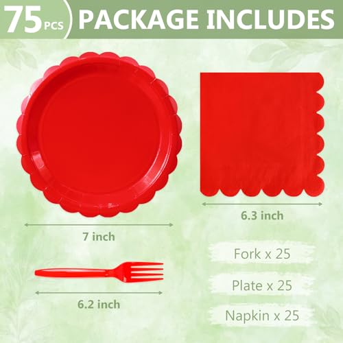 Mulbozy 75 Red Plates and Napkins Disposable Set Includes Dessert Cake Scalloped Plates, Cocktail Napkins, Forks for for Holiday Party Supplies - Image 2