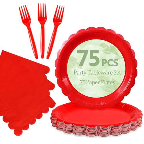 Mulbozy 75 Red Plates and Napkins Disposable Set Includes Dessert Cake Scalloped Plates, Cocktail Napkins, Forks for for Holiday Party Supplies - Image 1