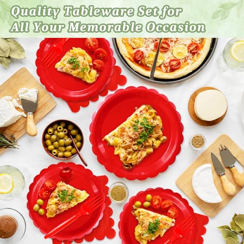 Mulbozy 75 Red Plates and Napkins Disposable Set Includes Dessert Cake Scalloped Plates, Cocktail Napkins, Forks for for Holiday Party Supplies - Image 3