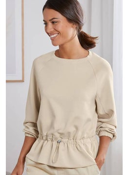 Women Round Neck Long Sleeves Drawstring Mid Sweatshirt, Sand