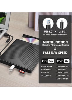 Y&D External CD DVD Drive, Ultra Slim Burner USB 3.0 with 4 Ports and 2 TF/SD Card Slots, Optical Disk Drive for Laptop Mac, PC Windows 11/10/8/7 Linux OS  - Image 3