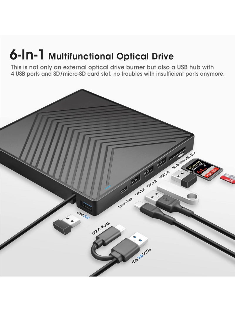 Y&D External CD DVD Drive, Ultra Slim Burner USB 3.0 with 4 Ports and 2 TF/SD Card Slots, Optical Disk Drive for Laptop Mac, PC Windows 11/10/8/7 Linux OS  - Image 2