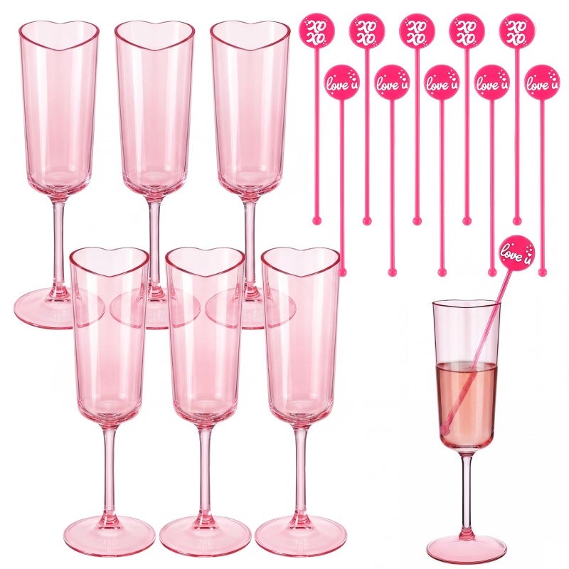 Potchen 6 Set Galentines Day Heart Shaped Champagne Flutes 6.5 oz Pink Plastic Heart Shaped Champagne Glasses Wine Cups with 10 Cocktail Stirrers for Valentines Wedding Drink Cocktail Supplies - Image 1