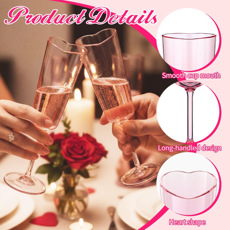Potchen 6 Set Galentines Day Heart Shaped Champagne Flutes 6.5 oz Pink Plastic Heart Shaped Champagne Glasses Wine Cups with 10 Cocktail Stirrers for Valentines Wedding Drink Cocktail Supplies - Image 3