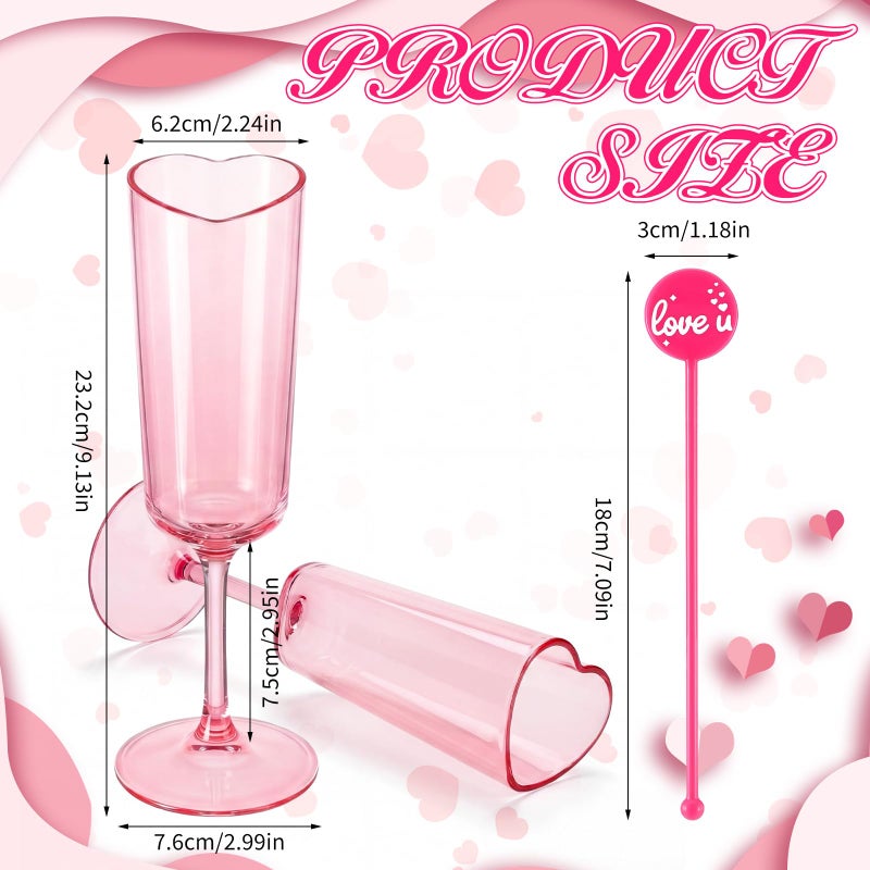 Potchen 6 Set Galentines Day Heart Shaped Champagne Flutes 6.5 oz Pink Plastic Heart Shaped Champagne Glasses Wine Cups with 10 Cocktail Stirrers for Valentines Wedding Drink Cocktail Supplies - Image 2
