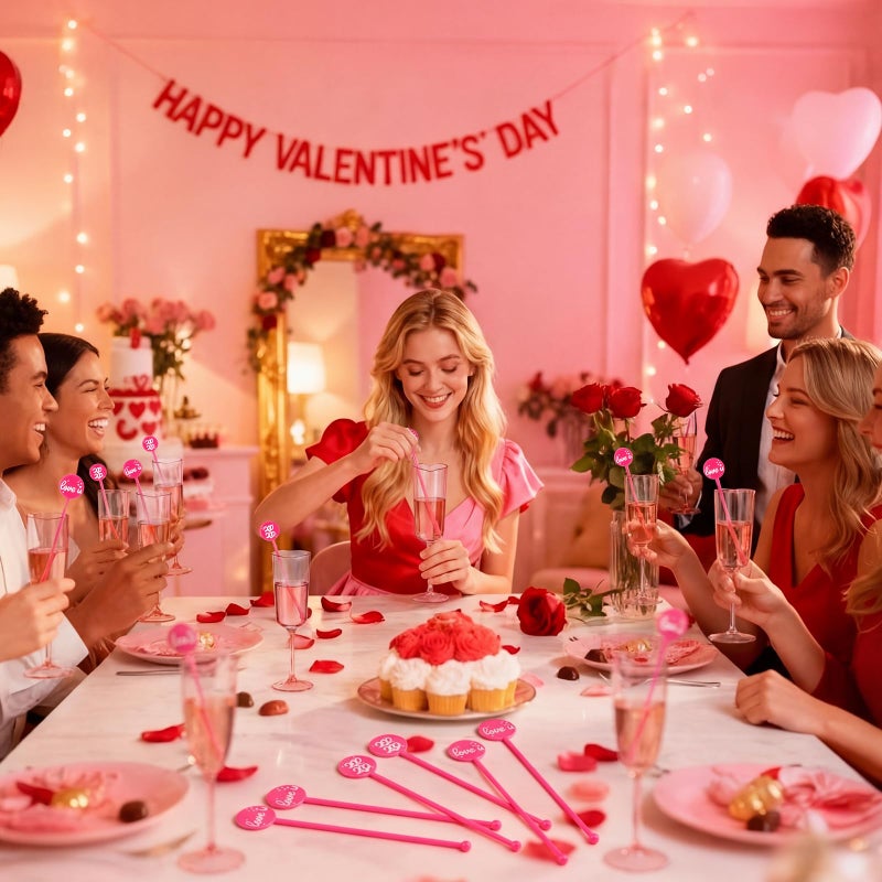 Potchen 6 Set Galentines Day Heart Shaped Champagne Flutes 6.5 oz Pink Plastic Heart Shaped Champagne Glasses Wine Cups with 10 Cocktail Stirrers for Valentines Wedding Drink Cocktail Supplies - Image 5