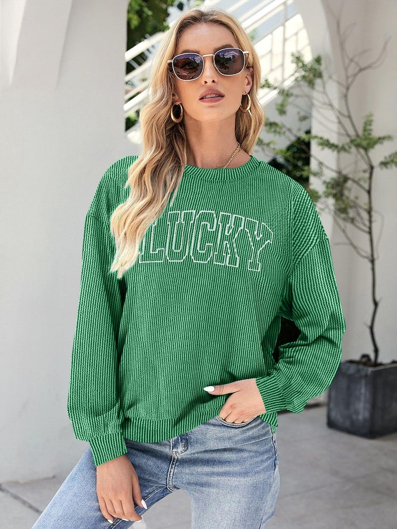 FASHGL Women St. Patrick's Day Sweatshirts Shamrock Clover Long Sleeve Shirt Irish Pullover Casual Ribbed Knit Tops - Image 2