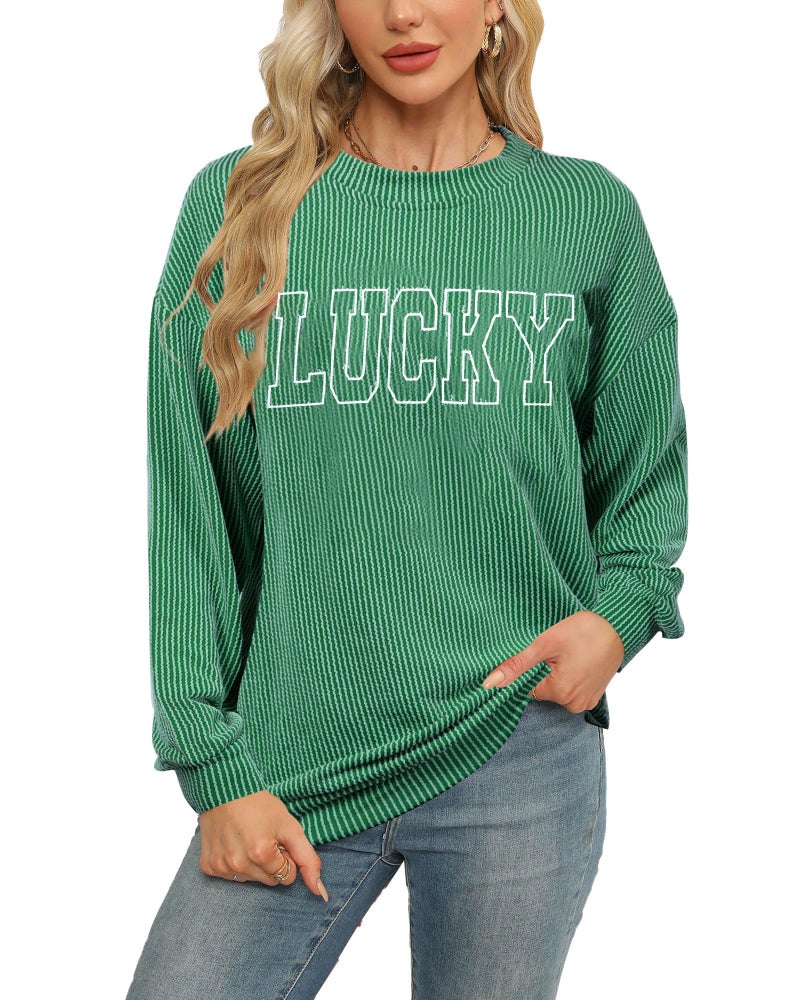 FASHGL Women St. Patrick's Day Sweatshirts Shamrock Clover Long Sleeve Shirt Irish Pullover Casual Ribbed Knit Tops - Image 1