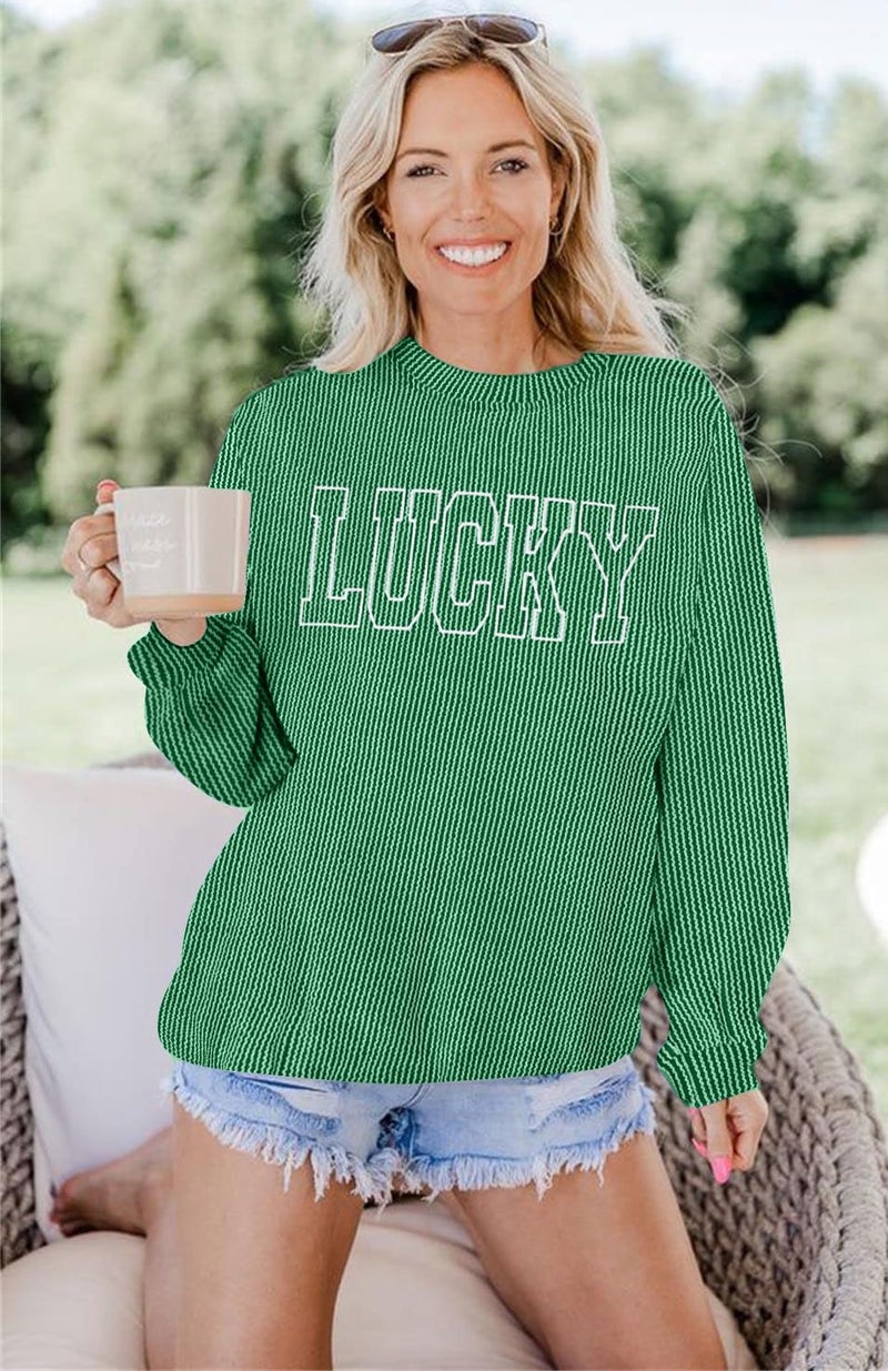 FASHGL Women St. Patrick's Day Sweatshirts Shamrock Clover Long Sleeve Shirt Irish Pullover Casual Ribbed Knit Tops - Image 3