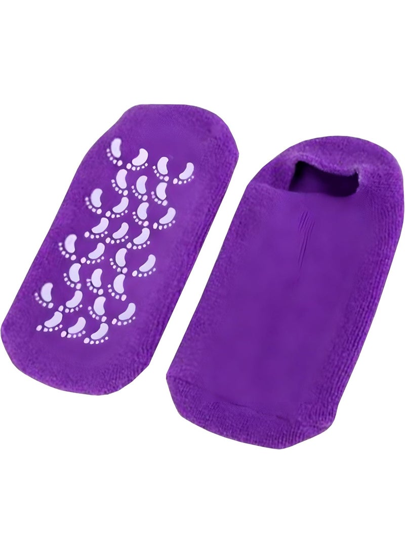 جوارب جل علاجية باللون البنفسجي، تساعد على ترطيب الكعبين وإصلاح التشققات، مناسبة للنساء والرجال، ومثالية للعناية اليومية بالقدمين.