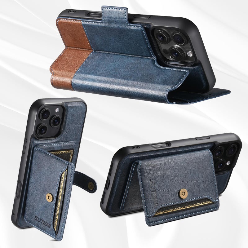 Suteni For Iphone 14 Pro Max Q06S1 3-In-1 Splicing Detachable Wallet Magsafe Leather Phone Case(Blue) - Image 3