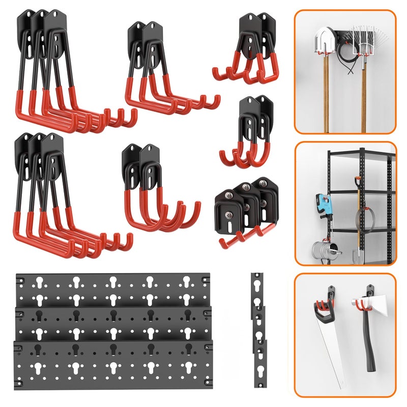 TORACK 24 PCS Garage Storage Hooks with Tracks Wall Mount Tool Organizer for Garden Tools Ladders Cords Folding Chairs Shovels and Rakes Shelving Hooks for Keyhole Style Shelving Units