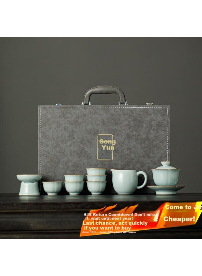 Tangfeng Li Guilian Ru Kiln Tea Set High-end Gift Tea Set Full Set Song Yun Mo Shang Huakai 10-head Gift Box - Image 1