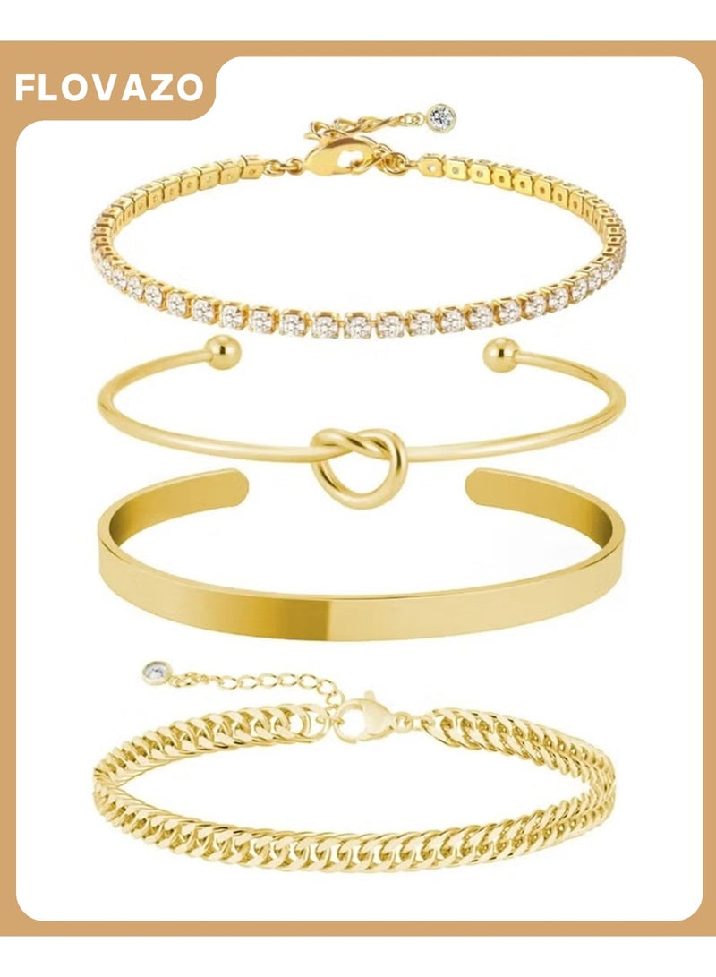 FLOVAZO 4pcs Women's Gold Stainless Steel Diamond-Accented Bracelet Set - Image 1
