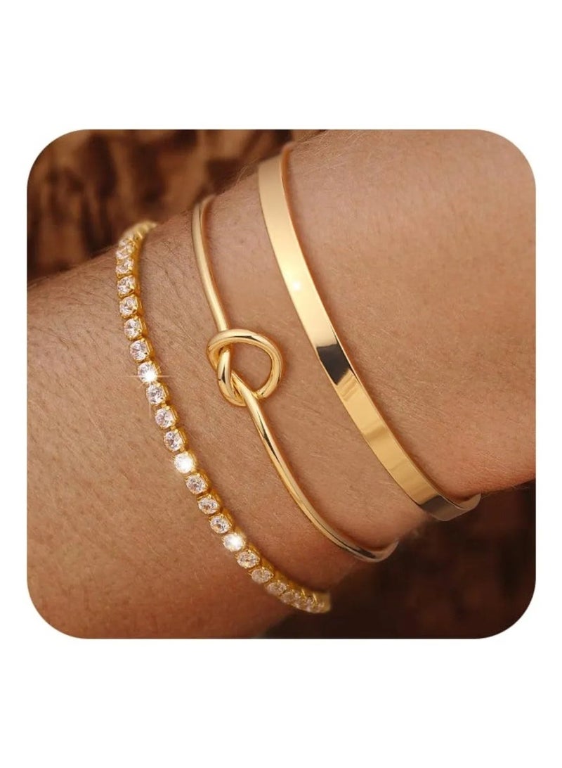 FLOVAZO 4pcs Women's Gold Stainless Steel Diamond-Accented Bracelet Set - Image 3