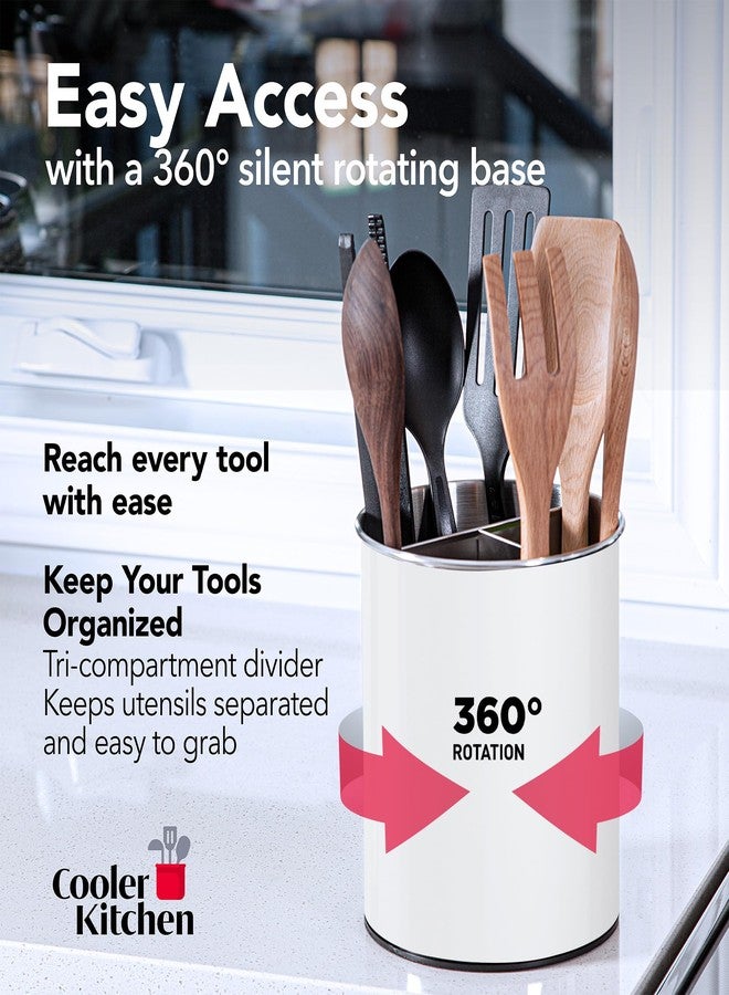 Cooler Kitchen Rotating Extra Large Stainless Steel Utensil Holder Caddy with Sturdy No-Tip Weighted Base, Removable Divider, and Gripped Insert Bottom - Dishwasher Safe Metal Cooking Utensil Holder (White) - Image 2