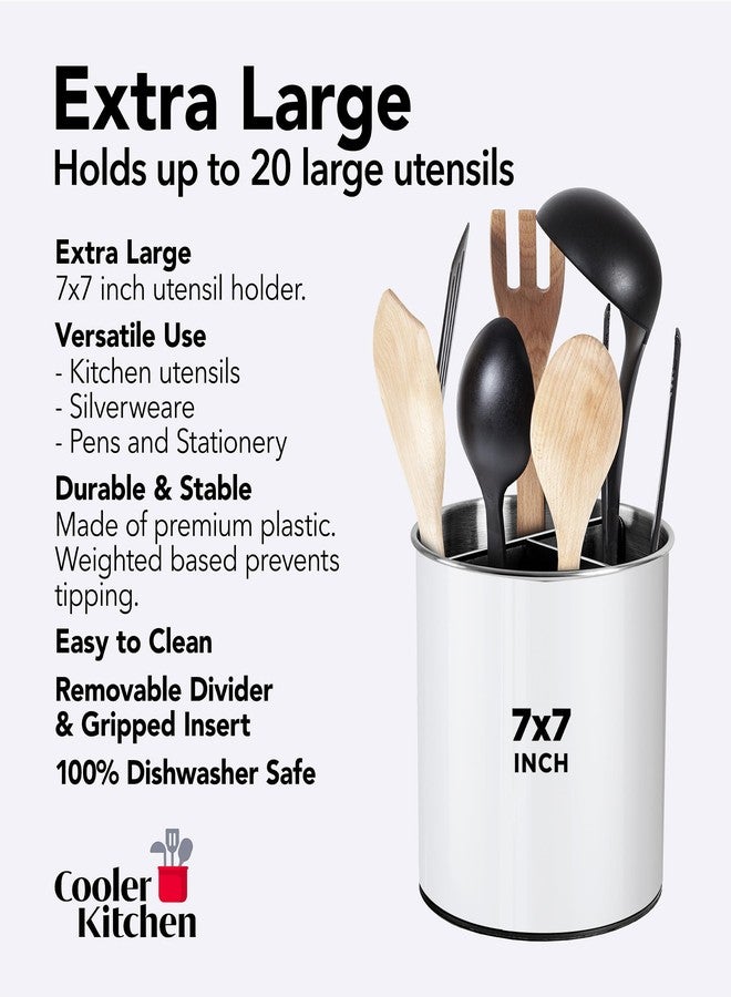 Cooler Kitchen Rotating Extra Large Stainless Steel Utensil Holder Caddy with Sturdy No-Tip Weighted Base, Removable Divider, and Gripped Insert Bottom - Dishwasher Safe Metal Cooking Utensil Holder (White) - Image 5