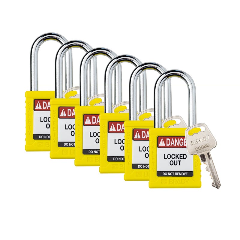 Brady Safety Lockout Padlock Sets 6 Pack Yellow Keyed Different Safety Lockout Padlocks 1 Key Per Lock SDPLYLW38STKD6