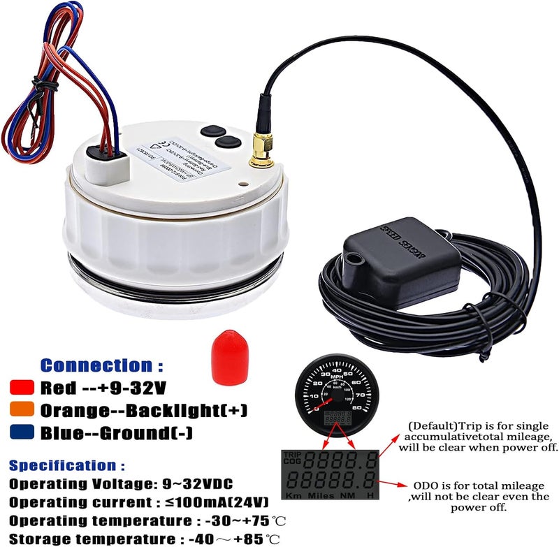 Geloo 85MM GPS Speedometer Gauge Boat MPH Speedometer Waterproof 0-80MPH 0-120KM/H Marine Speedometer Odometer LCD Indicators with 7 Backlight fit Car Truck Motorcycle Speedometer GPS Gauge Auto 9-32V - Image 3