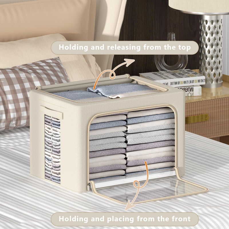 CYhom 3Pack Frame Storage Box - Clothes Storage Bin Bags Oxford Fabric Foldable Stackable Container Organizer Set with Clear Window & Carry Handles Large Capacity (Beige, Large-66L) - Image 2