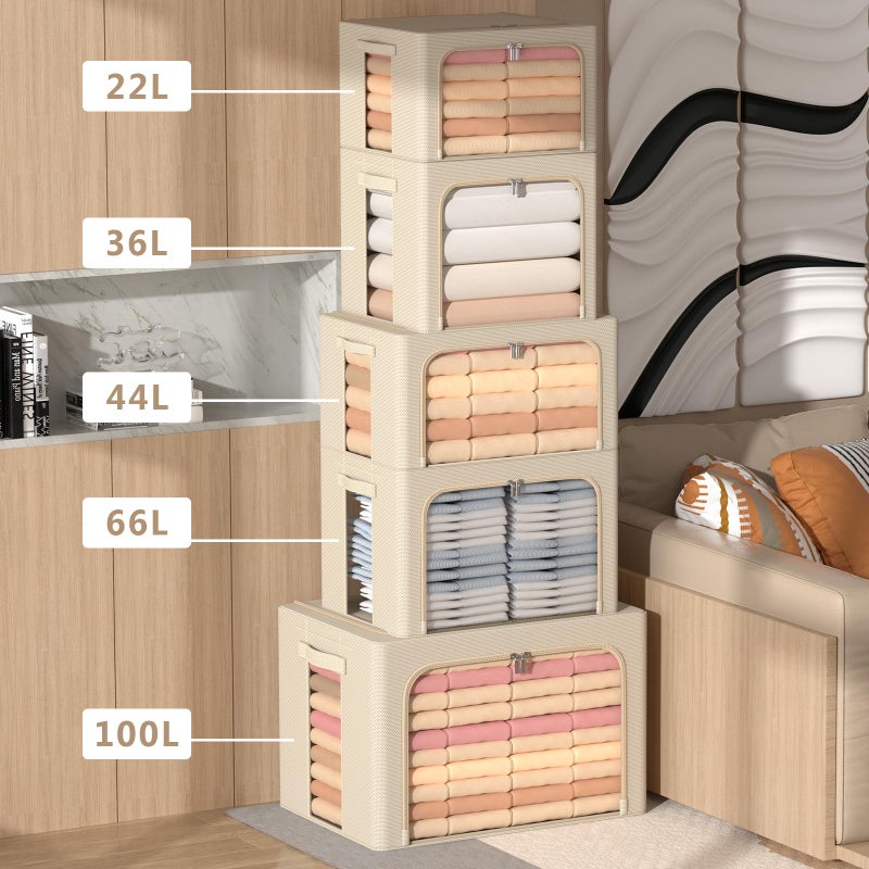 CYhom 3Pack Frame Storage Box - Clothes Storage Bin Bags Oxford Fabric Foldable Stackable Container Organizer Set with Clear Window & Carry Handles Large Capacity (Beige, Large-66L) - Image 4