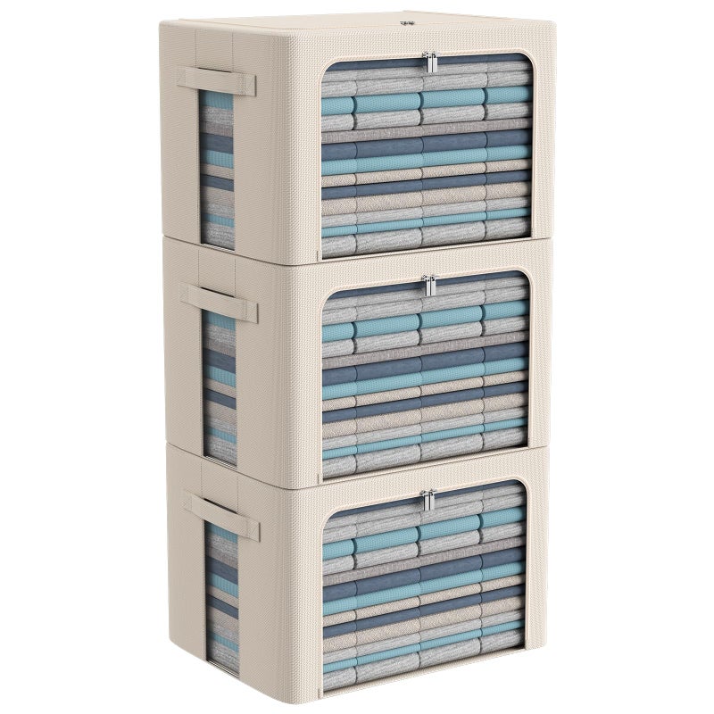 CYhom 3Pack Frame Storage Box - Clothes Storage Bin Bags Oxford Fabric Foldable Stackable Container Organizer Set with Clear Window & Carry Handles Large Capacity (Beige, Large-66L) - Image 1